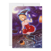 Cute anime witch girl with flying pet cats announcement