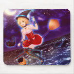 Cute anime witch girl with flying pet cats mousepad