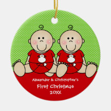 Cute Baby Boy Twin's First Christmas Ornament