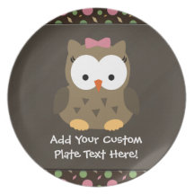 Cute Baby Girl Owl, Pink/Green/Brown Plate