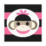 Cute Baby Girl Sock Monkey Black Pink Stripes Stretched Canvas Prints