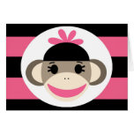 Cute Baby Girl Sock Monkey Black Pink Stripes Greeting Card