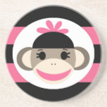 Cute Baby Girl Sock Monkey Black Pink Stripes Coasters