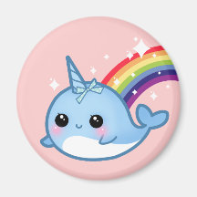 Cute baby narwhal with rainbow and stars on pink fridge magnet