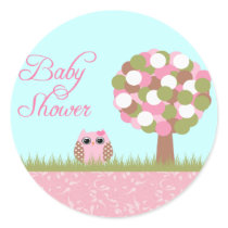 Cute baby shower pink owl and tree stickers
