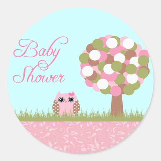 Cute baby shower pink owl and tree stickers