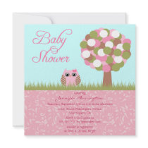 Cute baby shower pink owl tree party invitation