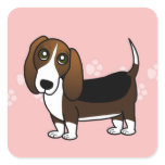 Cute Basset Hound Cartoon - Brown White and Black Square Sticker