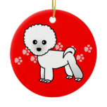 Cute Bichon Frise Cartoon - Red Pawprints Christmas Ornaments