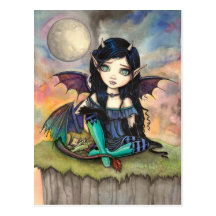 Cute Big-Eye Gothic Fairy and Dragon Art Postcards