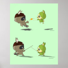 Cute bird raccoon fencing cartoon character poster