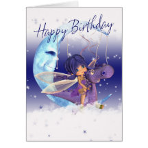 Cute Birthday card, pink dragon and fairy