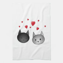 Cute Black and Grey Cats, with Hearts. Kitchen Towels