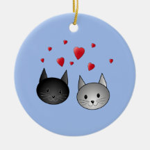 Cute Black and Grey Cats, with Hearts. Christmas Tree Ornaments