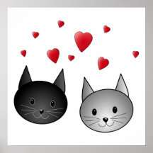 Cute Black and Grey Cats, with Hearts. Poster