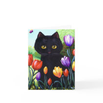 Cute Black Cat Art Tulips Flowers Creationarts Greeting Cards