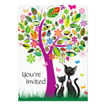 Cute Black Cats and Flower Tree Baby Shower Invite
