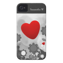 Cute Black/White/Grey Flowers w/Big Red Heart iPhone 4 Cover