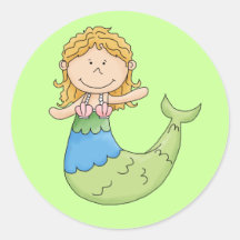 Cute Blonde Mermaid Girl Fish Design Round Sticker