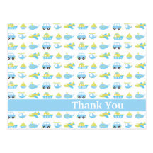 Cute blue boys travel time thank you post card