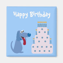 Cute blue cartoon dog & birthday cake magnet