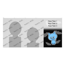 Cute Blue Cat and Bats. Personalized Photo Card