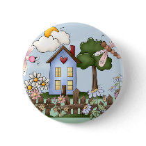 Cute Blue Country House in the Sunshine Pinback Button