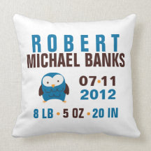 Cute Blue Owl Birth Announcement Pillows