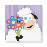 Cute Blushing Sheep Holding Flowers Magnets