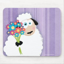 Cute Blushing Sheep Holding Flowers Novelty Mouse Pad