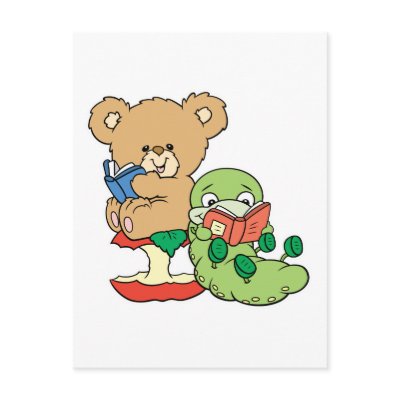 Cute Book Worm and Reading Bear Postcards by doonidesigns