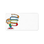 cute boy student with lots of books address labels