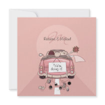 Cute Bride & Groom Pink Getaway Car Invitations