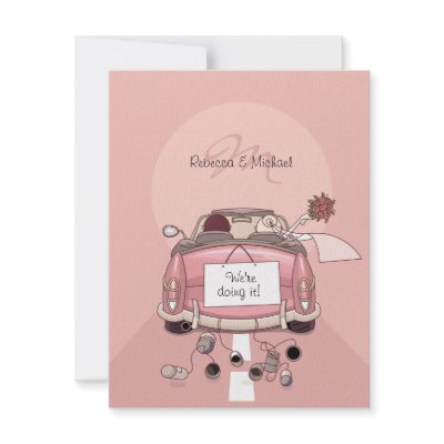Cute Bride & Groom Pink Getaway Car Invitations by weddingsNthings
