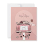 Cute Bride & Groom Pink Getaway Car Invitations