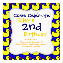 Cute Bright Yellow Rubber Ducky Pattern on Blue Personalized Invites