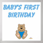 Cute Brown Bear Blue Bib Baby's First Birthday Posters