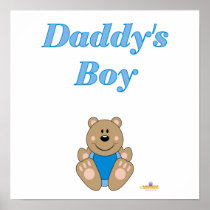 Cute Brown Bear Blue Bib Daddy's Boy Posters
