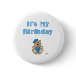 Cute Brown Bear Blue Sailor Hat It's My Birthday Button