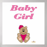 Cute Brown Bear Pink Baseball Cap Baby Girl posters