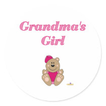 Cute Brown Bear Pink Baseball Cap Grandma's Girl Round Stickers