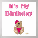 Cute Brown Bear Pink Baseball Cap It's My Birthday Print