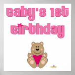 Cute Brown Bear Pink Bib Baby's 1st Birthday Posters