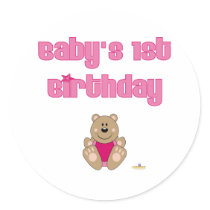 Cute Brown Bear Pink Bib Baby's 1st Birthday Round Stickers