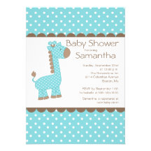 Cute Brown Blue Giraffe Boys Baby Shower Personalized Announcement