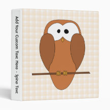 Cute Brown Owl, Beige Check Background. 3 Ring Binders