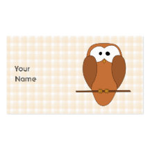 Cute Brown Owl, Beige Check Background. Business Card Template