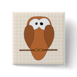 Cute Brown Owl, Beige Check Background. Pinback Button