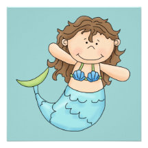 Cute Brunette Mermaid Girl Fish Design Invitation