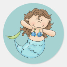 Cute Brunette Mermaid Girl Fish Design Round Sticker